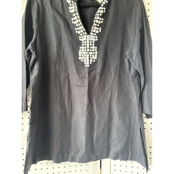 Chicos Women's 2 / LG Black Tunic Linen Cotton Beaded V Neck Shirt Blouse 3/4slv - Picture 6 of 8